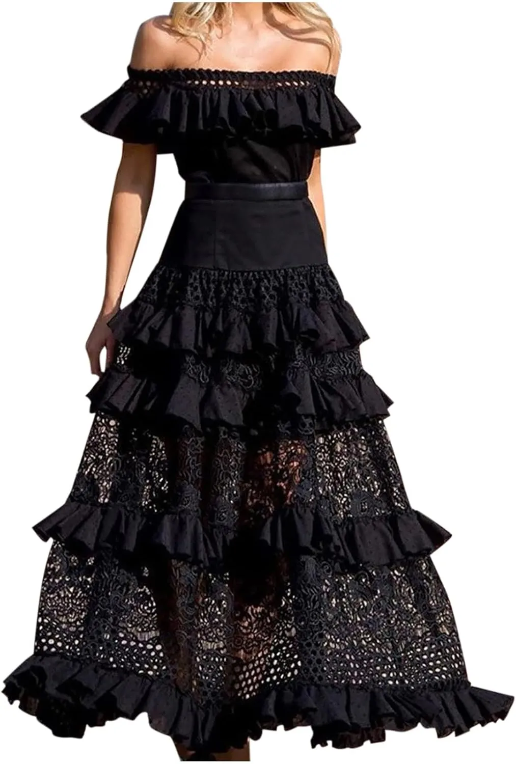 Women's Off Shoulder Ruffle Lace Maxi Dress Tiered A-Line Elegant Wedding Party Dresses for Women