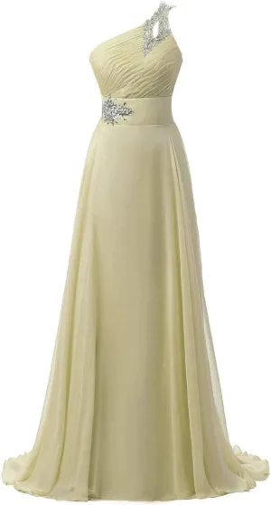 Women's One Shoulder Chiffon Formal Wedding Prom Gown Evening Bridesmaid Dress