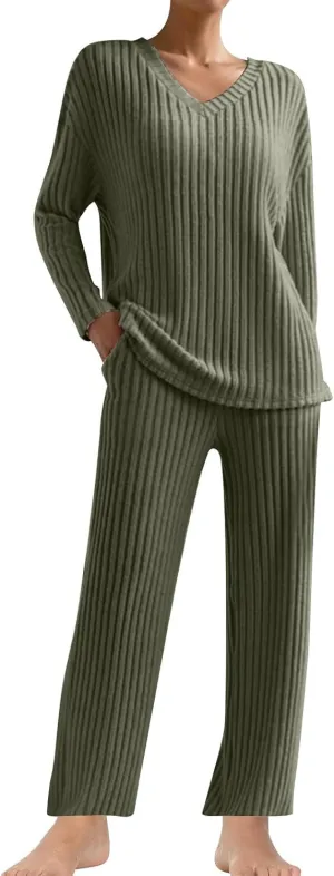Women's Pajama Sets Long Sleeve 2 Piece Lounge Set Ribbed Knit Sweater Sleepwear Solid Color Loungewear Outfits