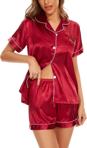 Women's Pajama Sets Satin Sleepwear Button Down Short Sleeve Pj Silk Tops and Shorts 2-Piece Loungewear