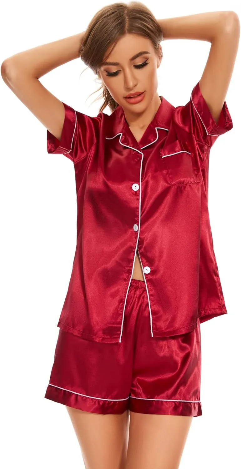 Women's Pajama Sets Satin Sleepwear Button Down Short Sleeve Pj Silk Tops and Shorts 2-Piece Loungewear