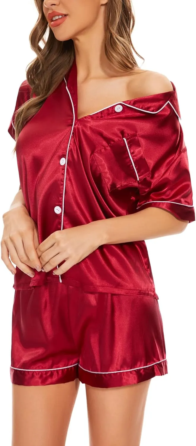 Women's Pajama Sets Satin Sleepwear Button Down Short Sleeve Pj Silk Tops and Shorts 2-Piece Loungewear