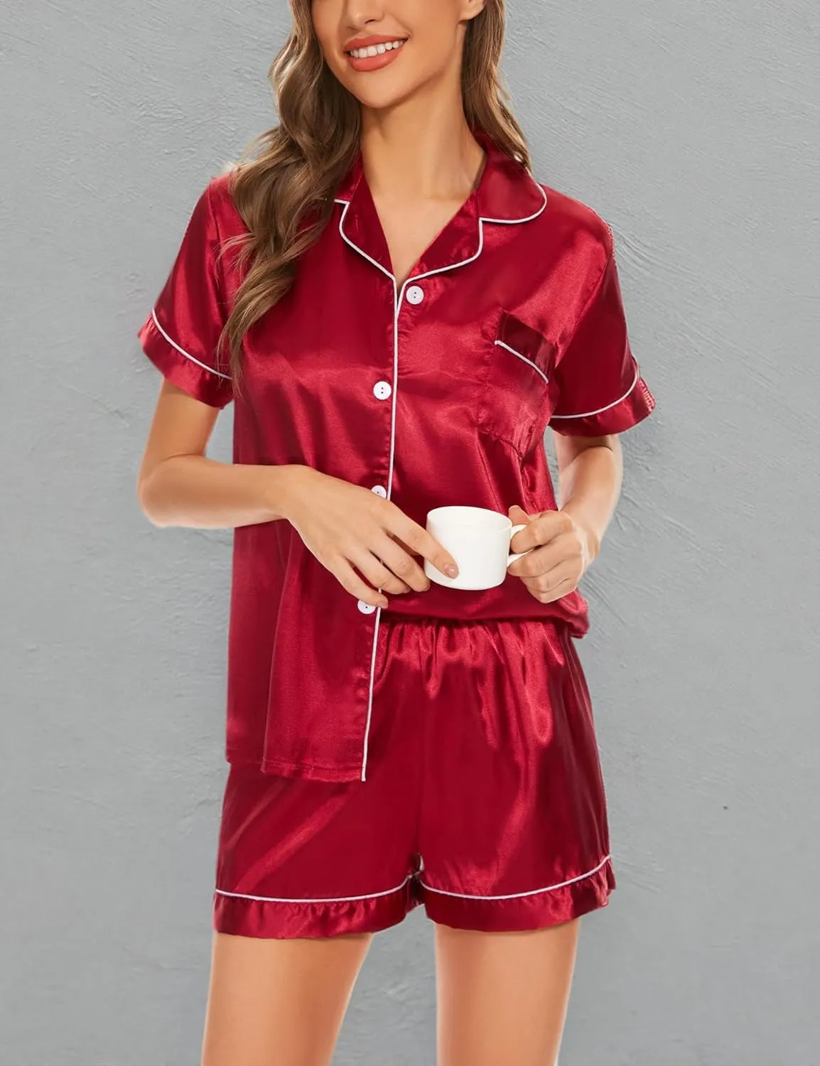 Women's Pajama Sets Satin Sleepwear Button Down Short Sleeve Pj Silk Tops and Shorts 2-Piece Loungewear