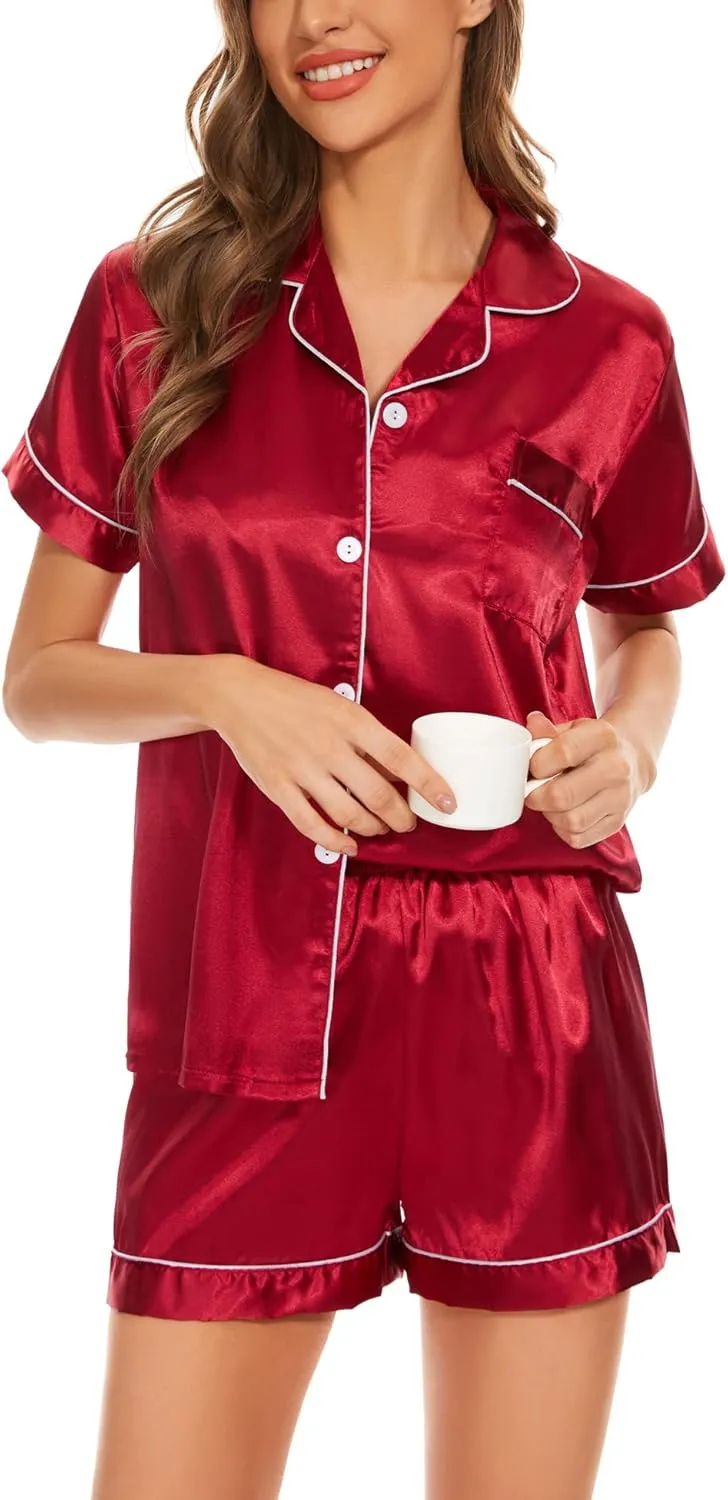 Women's Pajama Sets Satin Sleepwear Button Down Short Sleeve Pj Silk Tops and Shorts 2-Piece Loungewear