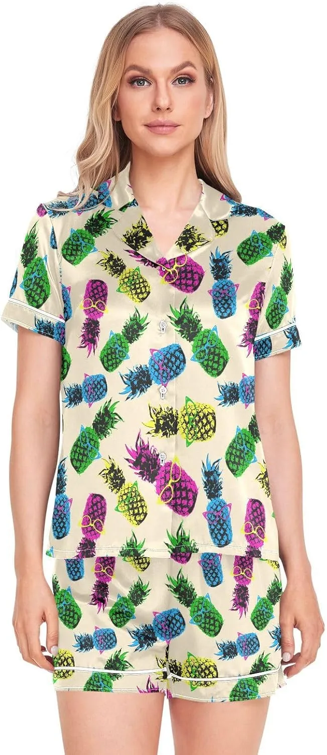 Womens Pajamas Set Funny Pineapple Colorfu Satin Pajamas Set for Women Soft Short Sleeve Pj Set with Pockets