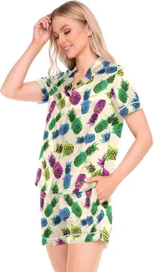 Womens Pajamas Set Funny Pineapple Colorfu Satin Pajamas Set for Women Soft Short Sleeve Pj Set with Pockets