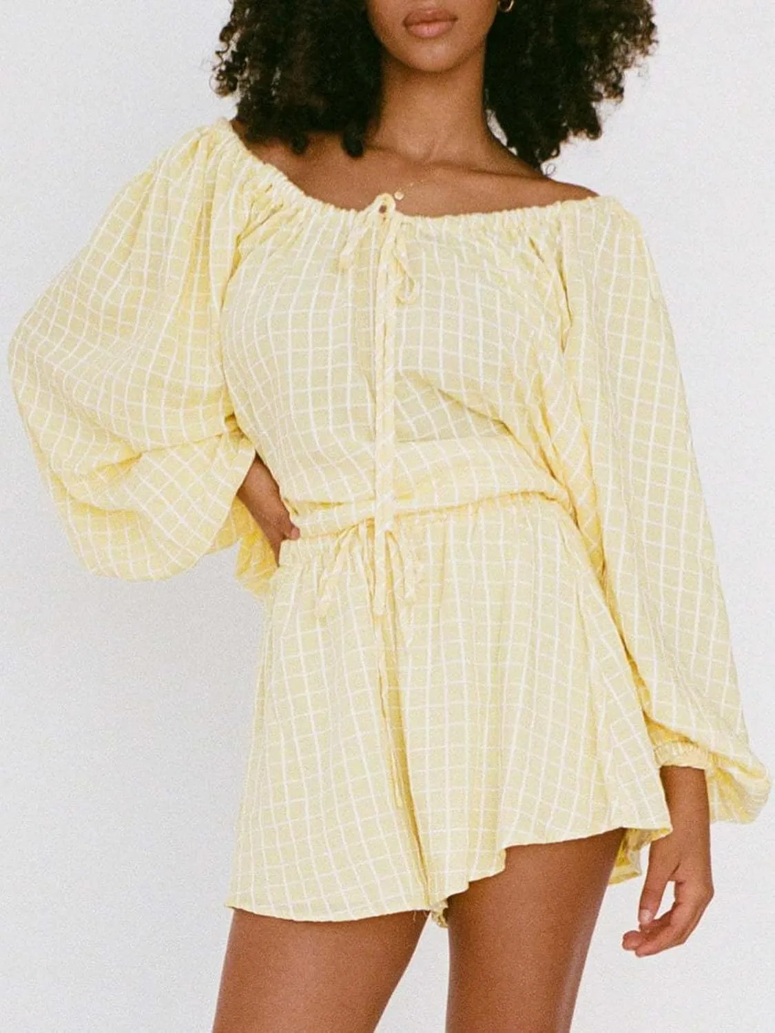 Womens Plaid Lounge Set Long Sleeve Gingham Drawstring Neck Pullover Tops Shorts 2 Piece Loungewear Set Casual Outfits