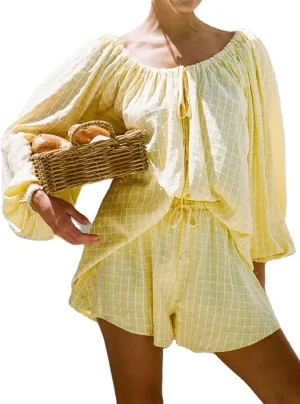 Womens Plaid Lounge Set Long Sleeve Gingham Drawstring Neck Pullover Tops Shorts 2 Piece Loungewear Set Casual Outfits