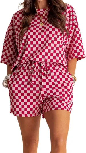 Womens Plaid Shorts Sets Short Sleeve Loose Fit Gingham T-Shirt Elastic Shorts 2 Piece Lounge Set Checkered Loungewear