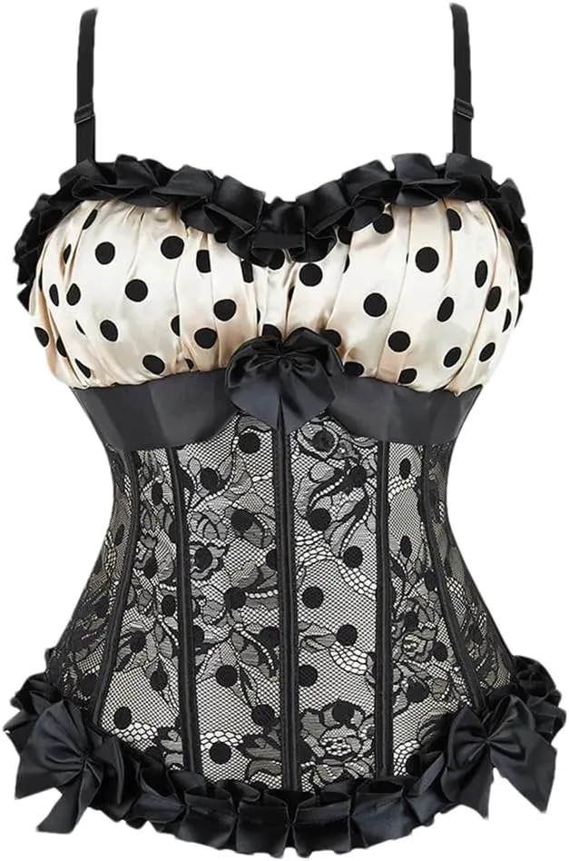Women's Polka Dot Lace Ruffle Edge Patchwork Camisole Top Solid Color Slim Fit Waist Corset