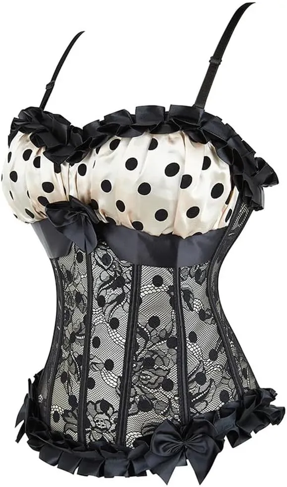Women's Polka Dot Lace Ruffle Edge Patchwork Camisole Top Solid Color Slim Fit Waist Corset