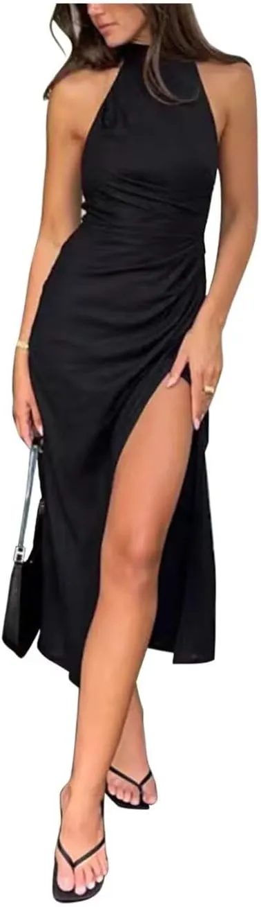 Women's Satin Wedding Guest Dresses Halter Midi Semi Formal Cocktail Dress Side Slit Evening Going Out Dinner Banquet FE1006