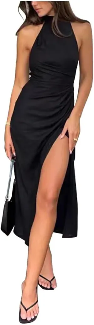 Women's Satin Wedding Guest Dresses Halter Midi Semi Formal Cocktail Dress Side Slit Evening Going Out Dinner Banquet FE1006
