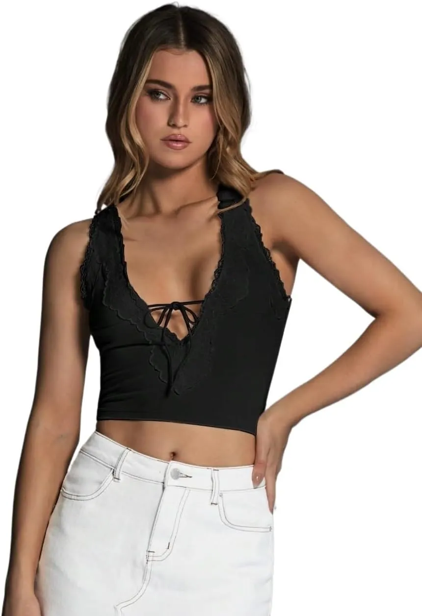 Womens Sleeveless Camisole Tank Tops Blouse Solid Color Ruffle Trim Tie Front Cropped Fitted Tank Top