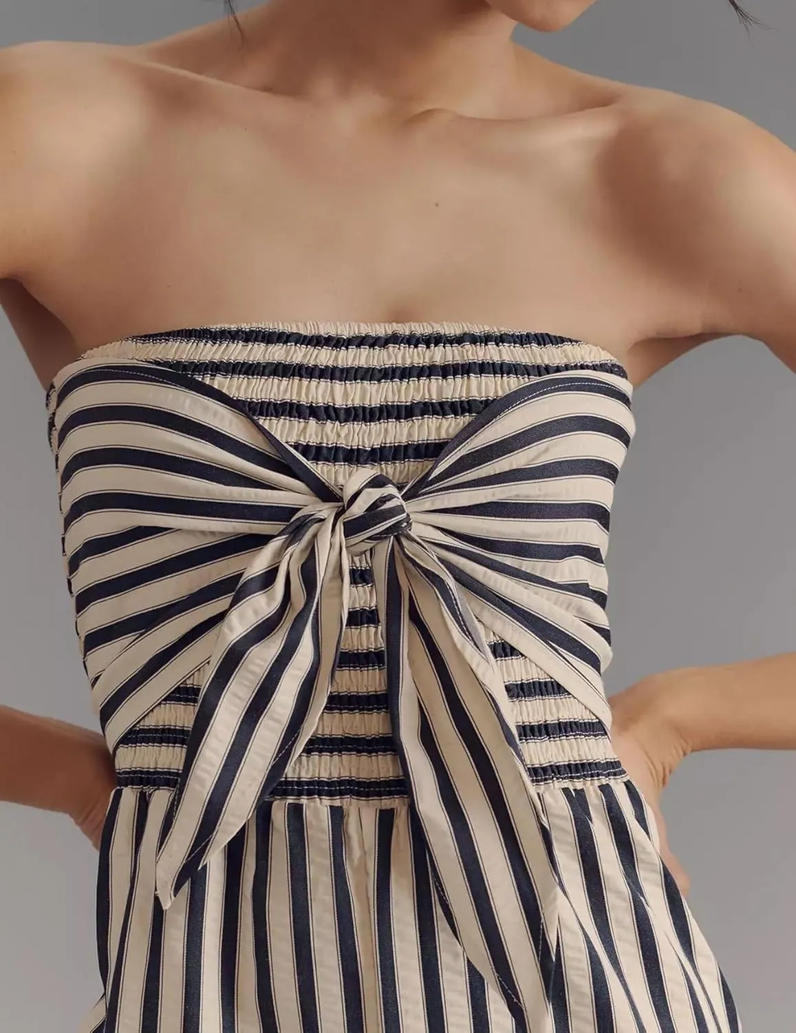 Women's Strapless Tie Front Striped Jumpsuit 2025 Casual Trendy Long Rompers Summer One Piece Jumpsuits with Pockets