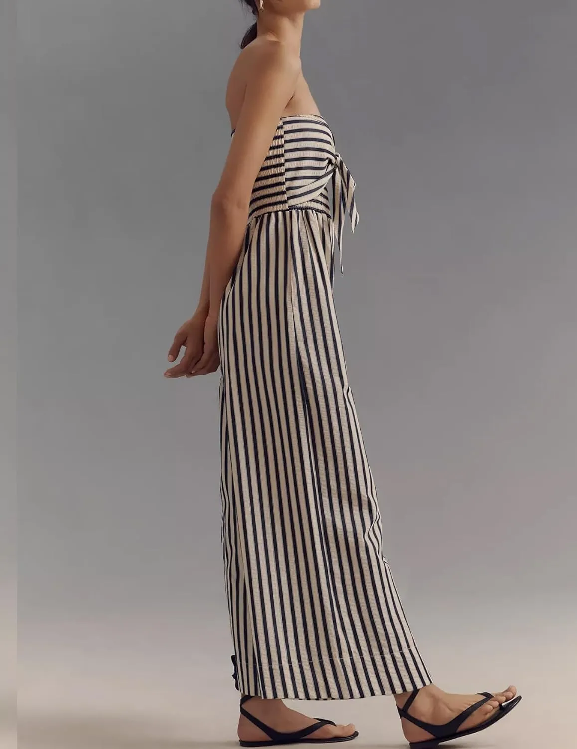 Women's Strapless Tie Front Striped Jumpsuit 2025 Casual Trendy Long Rompers Summer One Piece Jumpsuits with Pockets