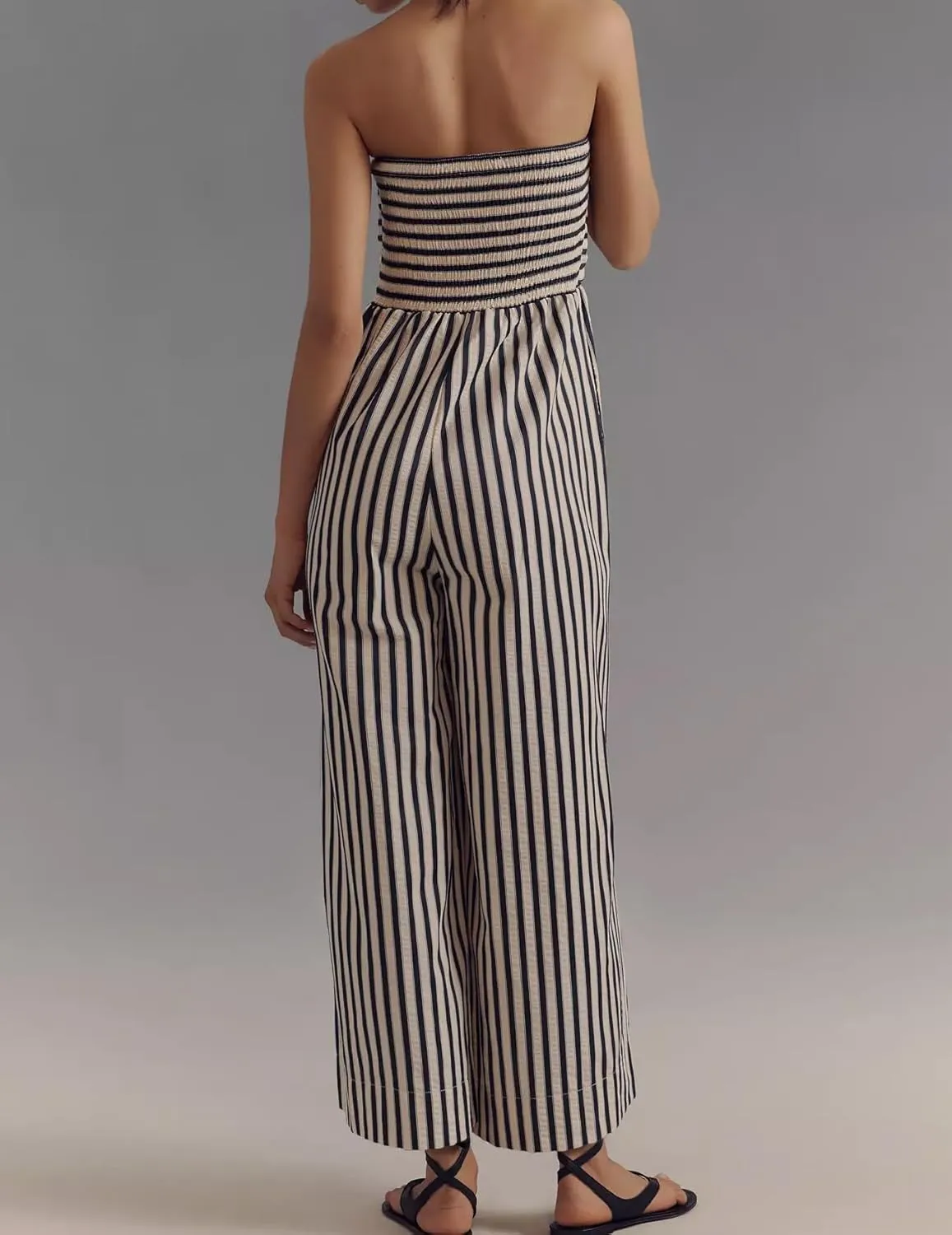 Women's Strapless Tie Front Striped Jumpsuit 2025 Casual Trendy Long Rompers Summer One Piece Jumpsuits with Pockets
