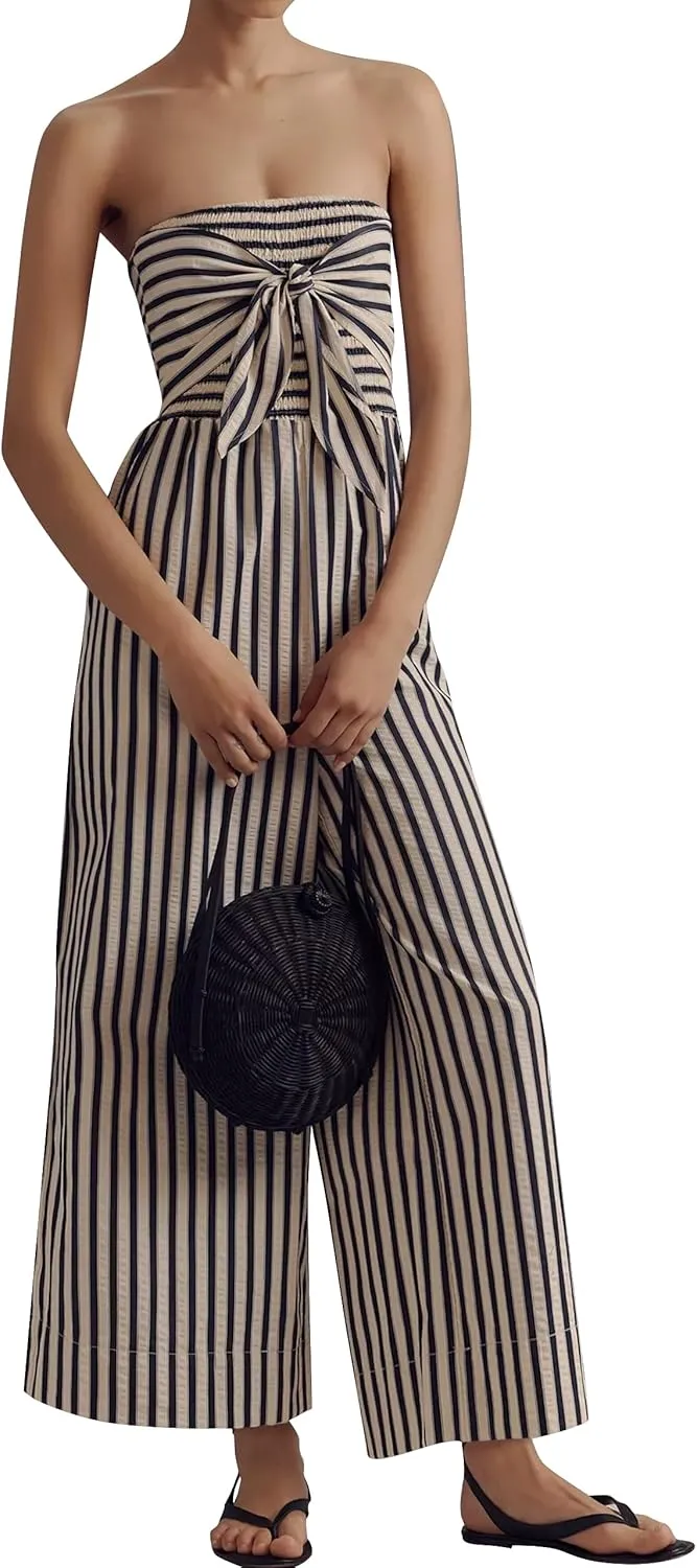 Women's Strapless Tie Front Striped Jumpsuit 2025 Casual Trendy Long Rompers Summer One Piece Jumpsuits with Pockets