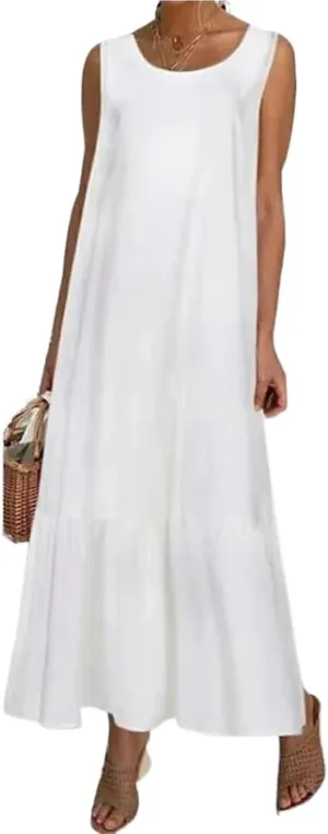 Women's Summer Linen Vest Dress Sleeveless O Neck A-Line Midi Dress Streetwear Plus Size