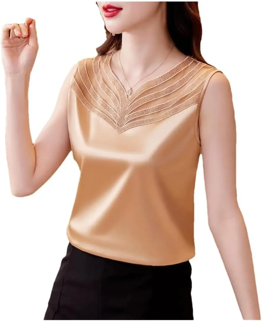 Women's Summer Satin Patchwork Lace Camisole V-Neck Sleeveless Tank Tops