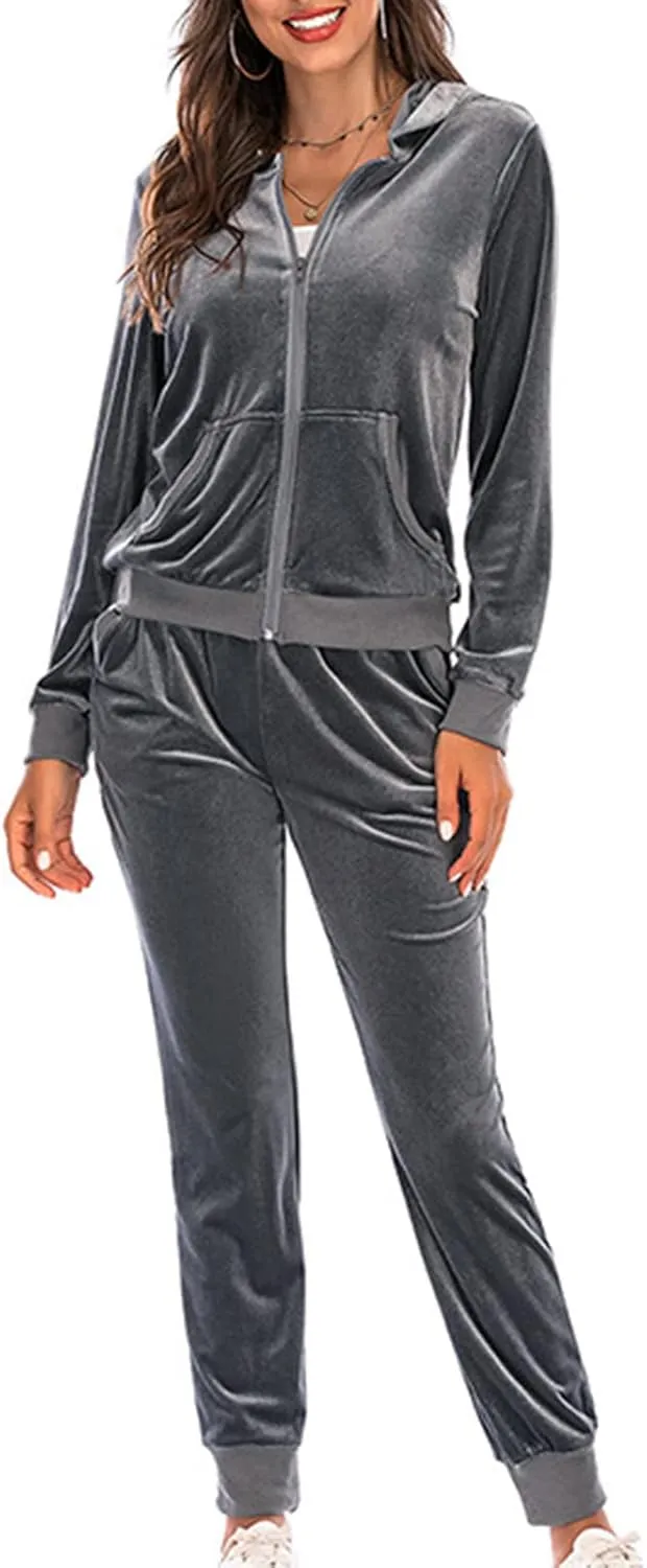 Women's Velour Tracksuits 2 Piece Outfits Trendy Velvet Hoodie & Sweatpants Sweatsuit Set Fall Winter Sportswear