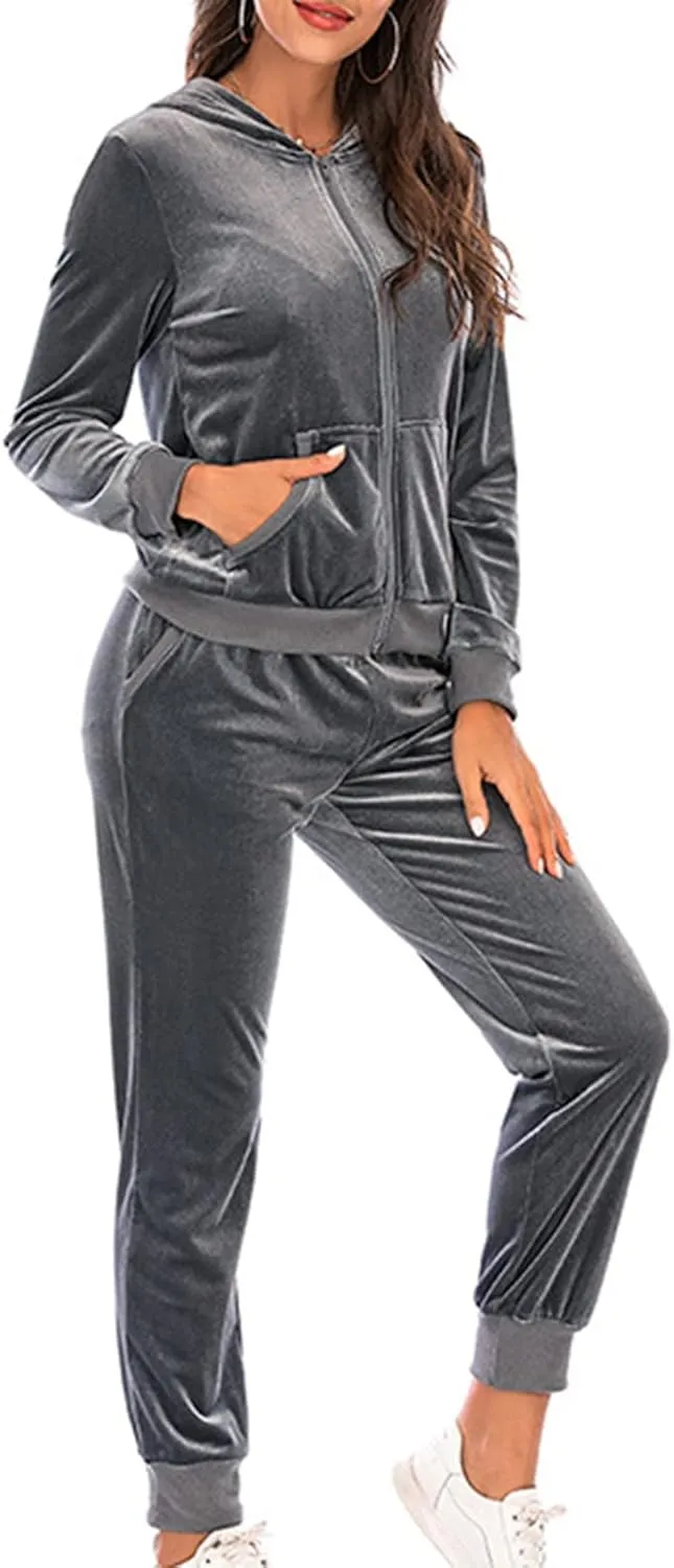 Women's Velour Tracksuits 2 Piece Outfits Trendy Velvet Hoodie & Sweatpants Sweatsuit Set Fall Winter Sportswear