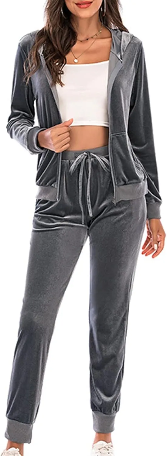 Women's Velour Tracksuits 2 Piece Outfits Trendy Velvet Hoodie & Sweatpants Sweatsuit Set Fall Winter Sportswear
