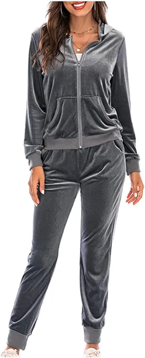 Women's Velour Tracksuits 2 Piece Outfits Trendy Velvet Hoodie & Sweatpants Sweatsuit Set Fall Winter Sportswear