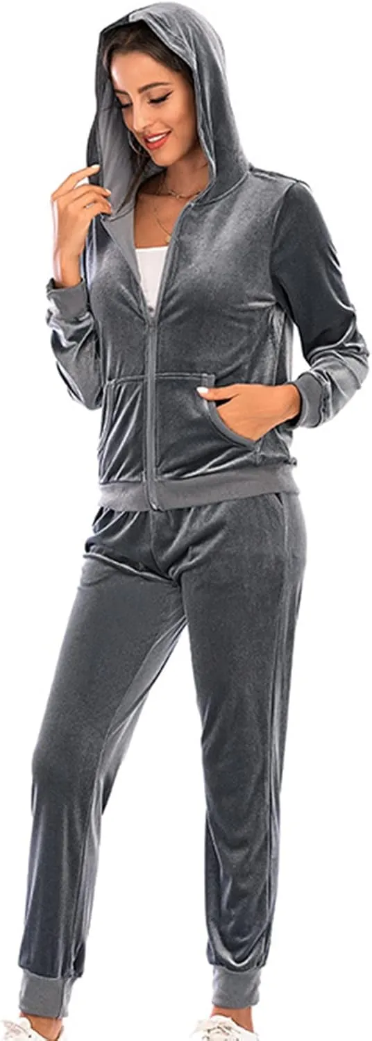 Women's Velour Tracksuits 2 Piece Outfits Trendy Velvet Hoodie & Sweatpants Sweatsuit Set Fall Winter Sportswear