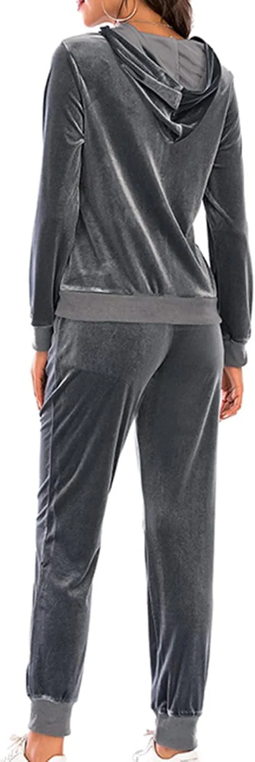 Women's Velour Tracksuits 2 Piece Outfits Trendy Velvet Hoodie & Sweatpants Sweatsuit Set Fall Winter Sportswear