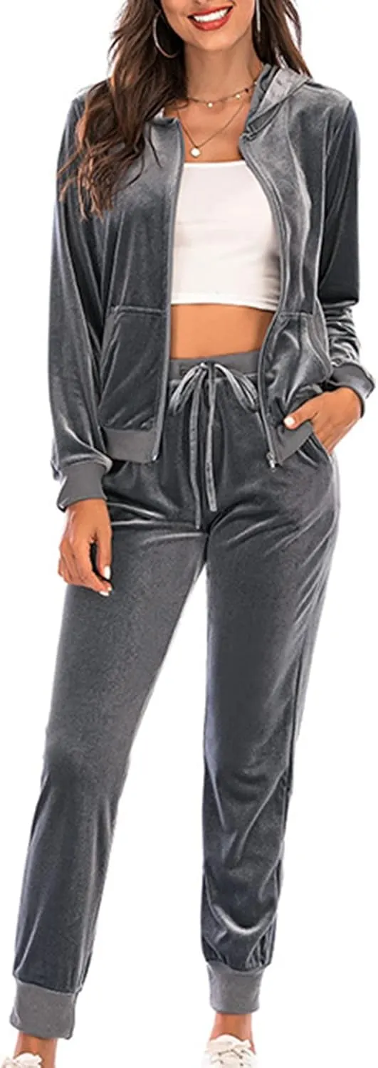 Women's Velour Tracksuits 2 Piece Outfits Trendy Velvet Hoodie & Sweatpants Sweatsuit Set Fall Winter Sportswear