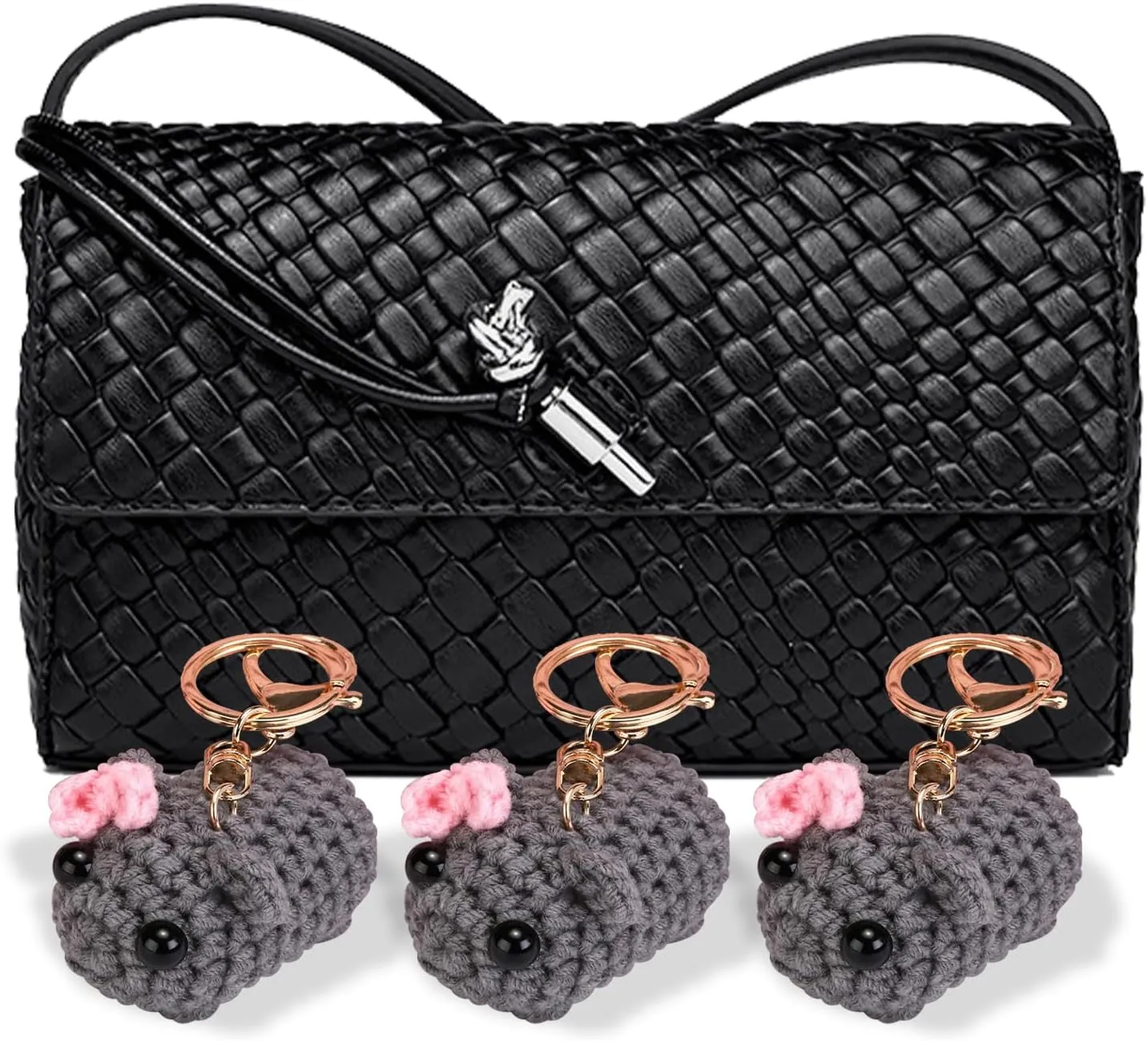 Woven Evening Clutch with Mouse Pendants, Black Leather Crossbody Handbag, Handmade Womens Shoulder Bag