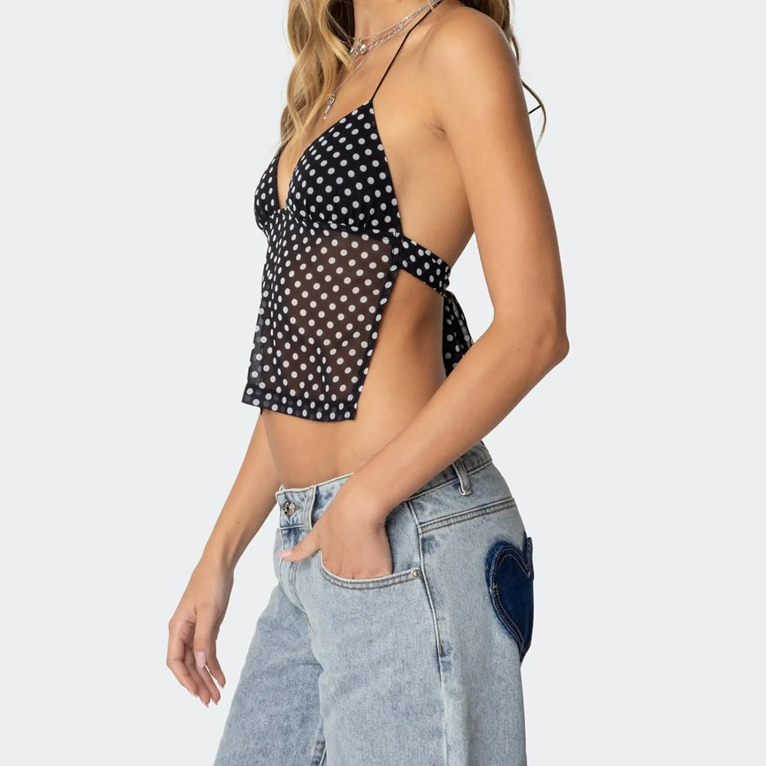 Y2k Girls Cute Polka Dot Cami Tops Women Sexy Summer Camisole Crop Top Backless Coquette Halter Neck Shirt