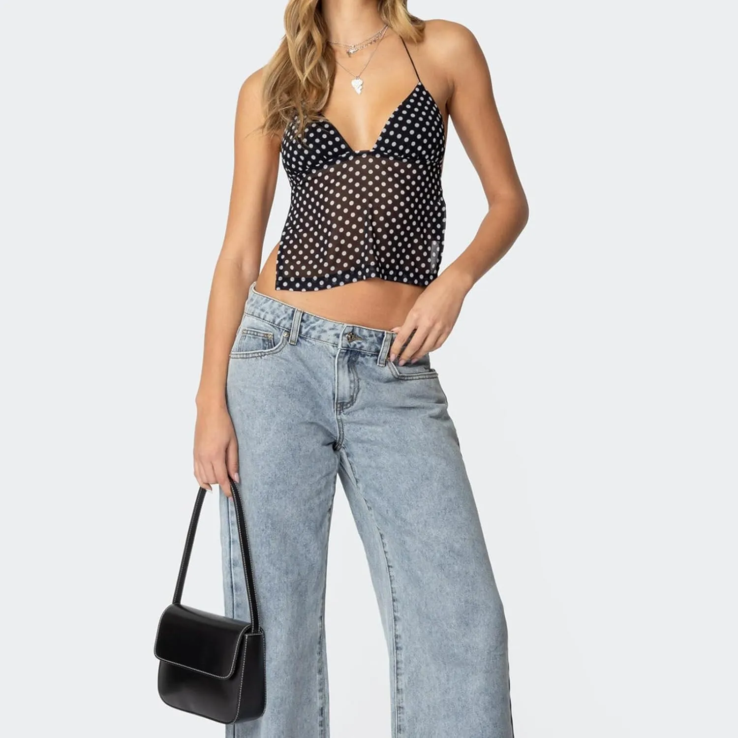 Y2k Girls Cute Polka Dot Cami Tops Women Sexy Summer Camisole Crop Top Backless Coquette Halter Neck Shirt