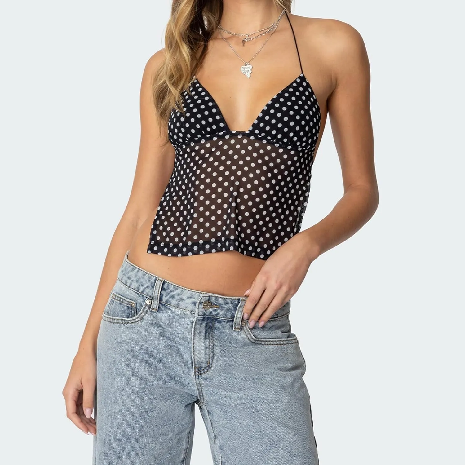 Y2k Girls Cute Polka Dot Cami Tops Women Sexy Summer Camisole Crop Top Backless Coquette Halter Neck Shirt