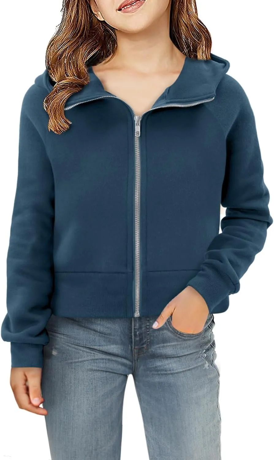 Yoklass Girls Zip Up Hoodie Croppred Sweatshirts Casual Long Sleeve Thumb Hole Jacket 4-13 Years