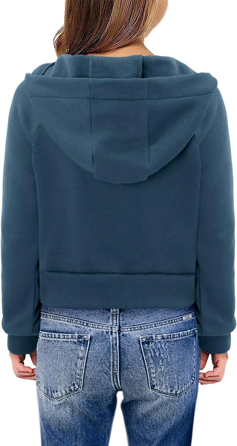 Yoklass Girls Zip Up Hoodie Croppred Sweatshirts Casual Long Sleeve Thumb Hole Jacket 4-13 Years