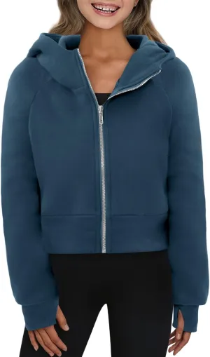 Yoklass Girls Zip Up Hoodie Croppred Sweatshirts Casual Long Sleeve Thumb Hole Jacket 4-13 Years