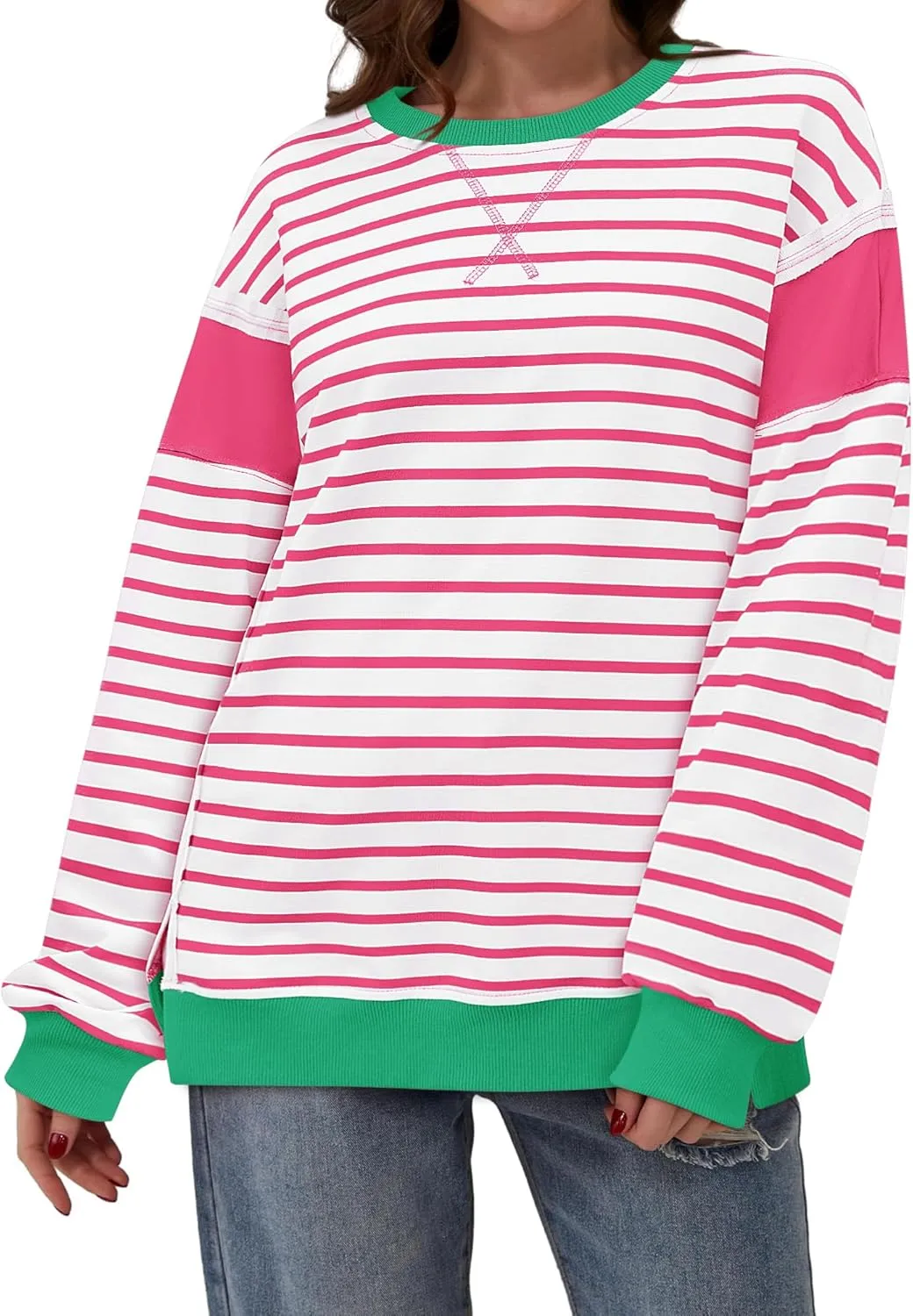 Yousify Oversized Sweatshirts for Women Loose Fit Crewneck Striped Color Block Long Sleeve Tops S-2XL