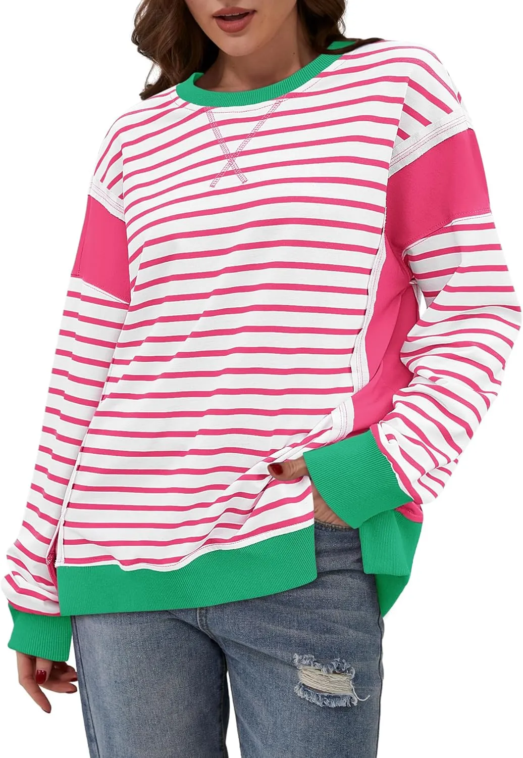 Yousify Oversized Sweatshirts for Women Loose Fit Crewneck Striped Color Block Long Sleeve Tops S-2XL