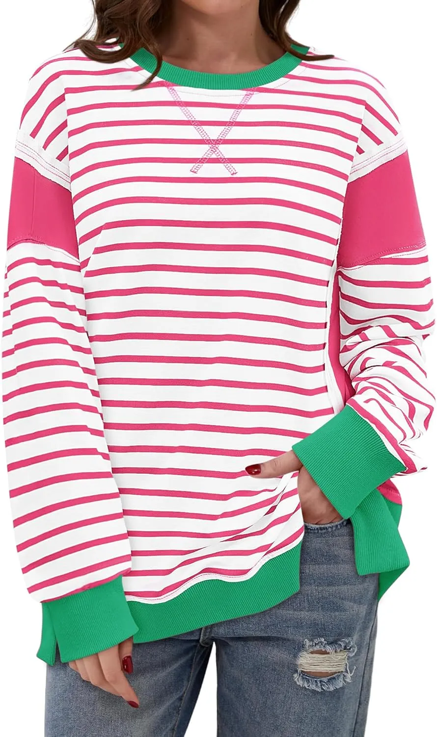 Yousify Oversized Sweatshirts for Women Loose Fit Crewneck Striped Color Block Long Sleeve Tops S-2XL