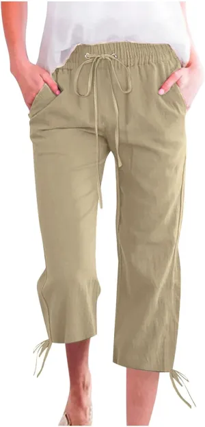 YRAETENM Capri Linen Pants for Women Summer Drawstring Elastic High Waist Lounge Pants Straight Wide Leg Cropped Trouser