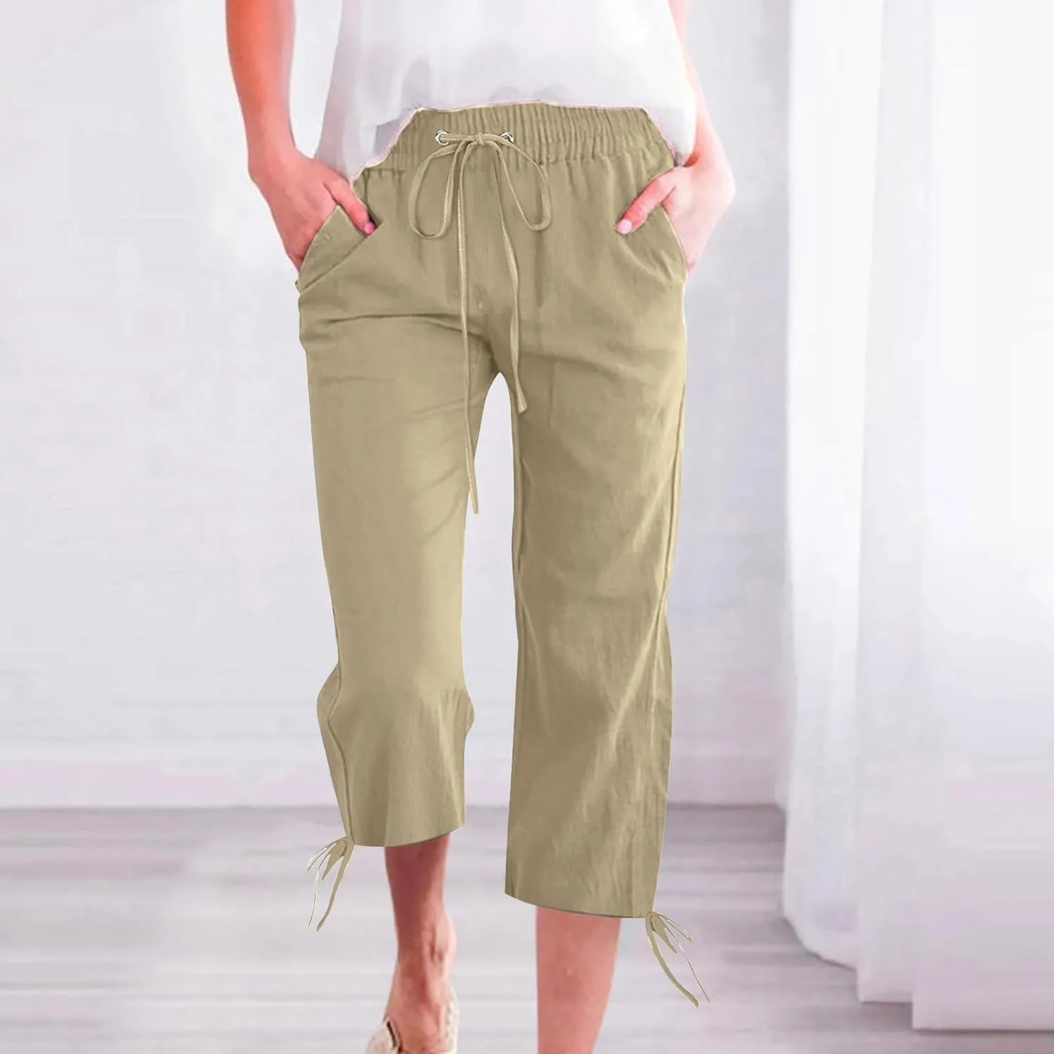 YRAETENM Capri Linen Pants for Women Summer Drawstring Elastic High Waist Lounge Pants Straight Wide Leg Cropped Trouser
