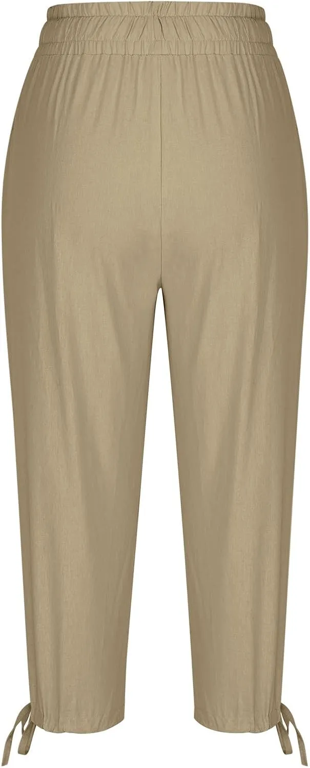 YRAETENM Capri Linen Pants for Women Summer Drawstring Elastic High Waist Lounge Pants Straight Wide Leg Cropped Trouser