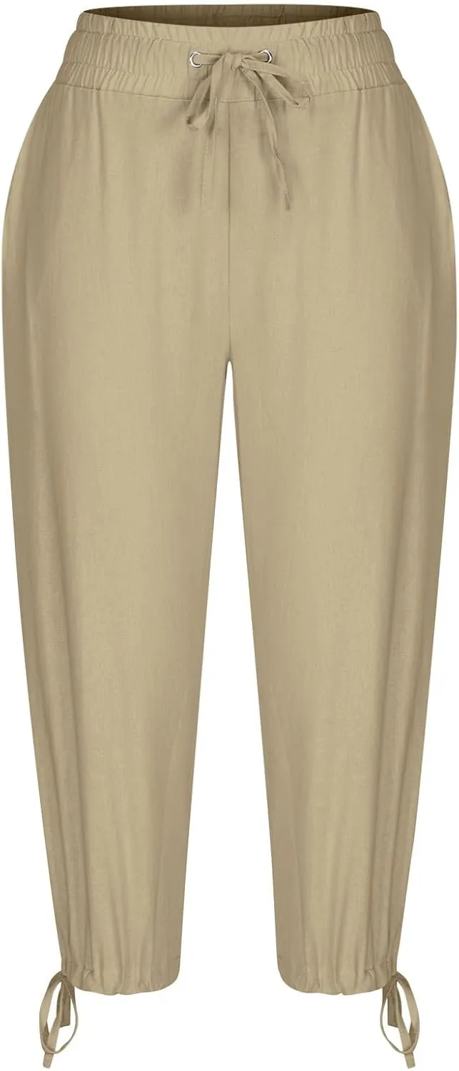 YRAETENM Capri Linen Pants for Women Summer Drawstring Elastic High Waist Lounge Pants Straight Wide Leg Cropped Trouser