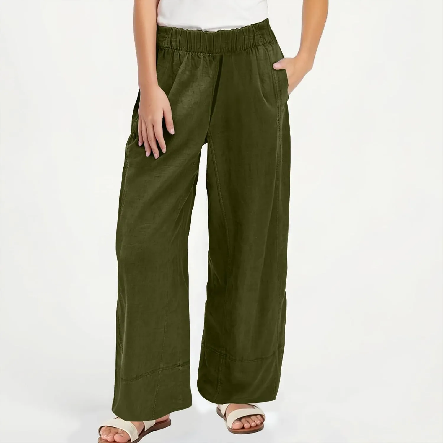 YRAETENM Women Cotton Linen Pants Casual Wide Leg Elastic Waisted Lounge Beach Trousers Travel Vacation Outfits with Pockets