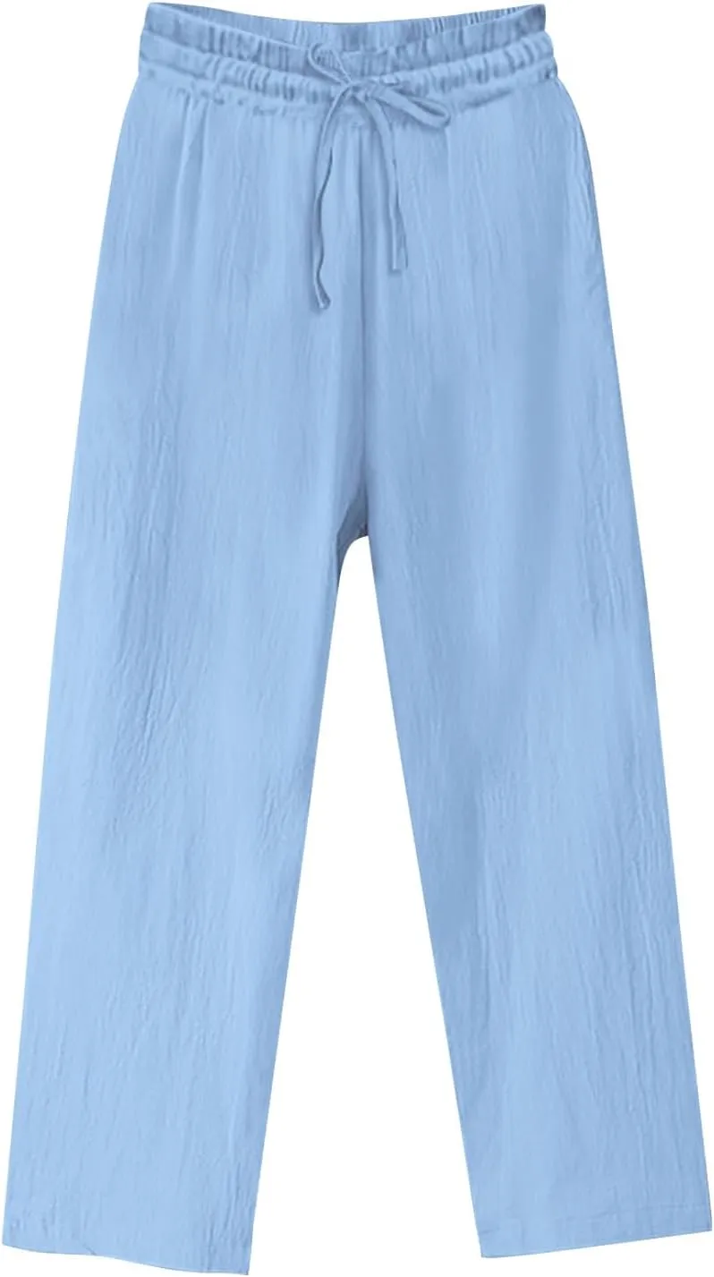 YRAETENM Women's Cotton Linen Straight Leg Pants Elastic Waist Long Trousers Casual Summer Beach Lounge Pants with Pockets
