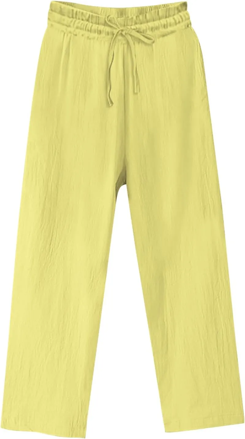 YRAETENM Women's Cotton Linen Straight Leg Pants Elastic Waist Long Trousers Casual Summer Beach Lounge Pants with Pockets