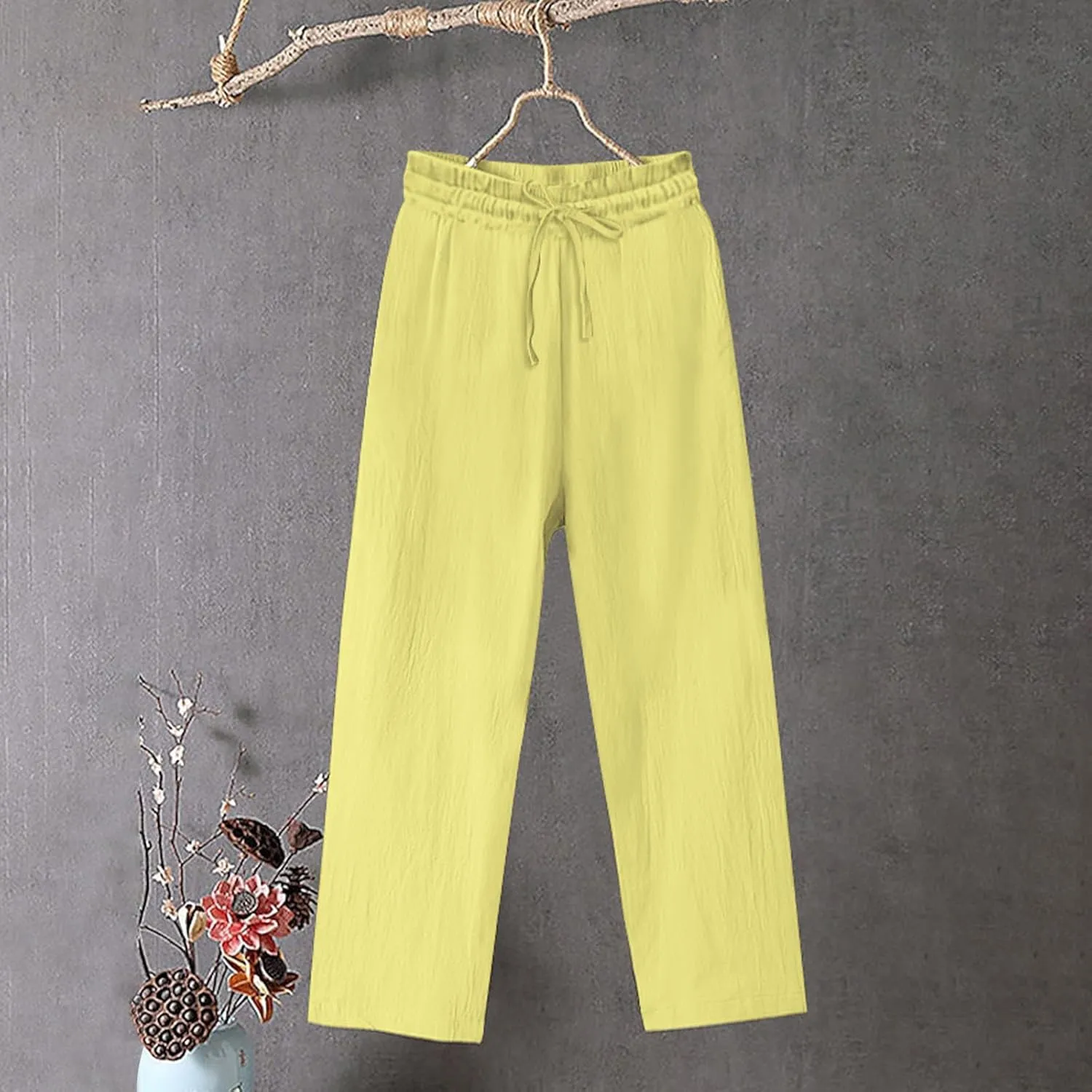 YRAETENM Women's Cotton Linen Straight Leg Pants Elastic Waist Long Trousers Casual Summer Beach Lounge Pants with Pockets