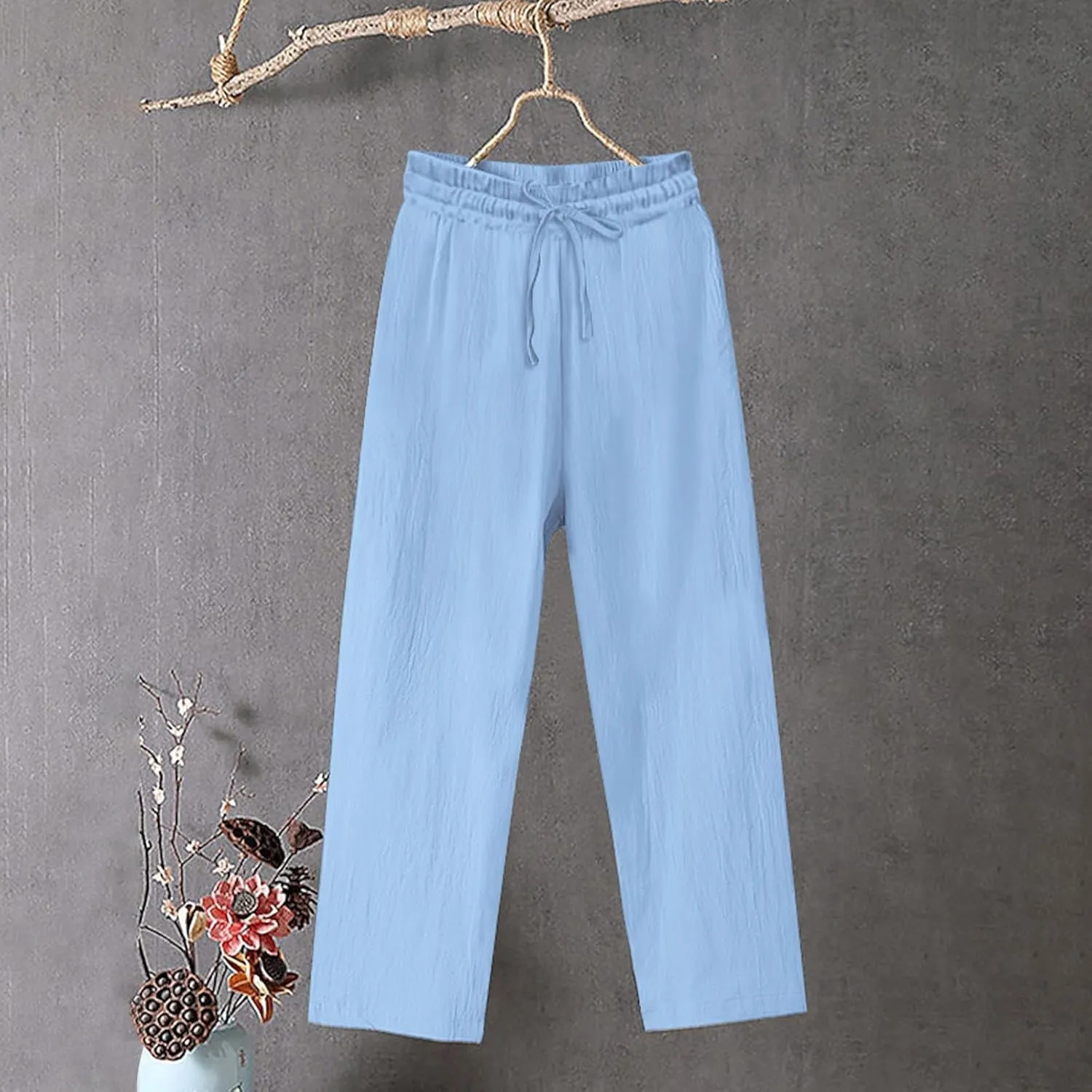 YRAETENM Women's Cotton Linen Straight Leg Pants Elastic Waist Long Trousers Casual Summer Beach Lounge Pants with Pockets